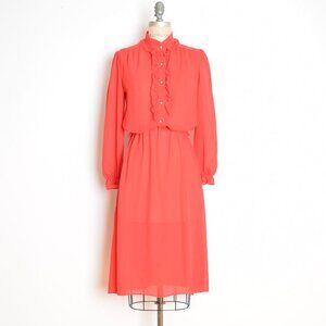 vintage 70s secretary dress red tuxedo ruffle shirtwaist midi M